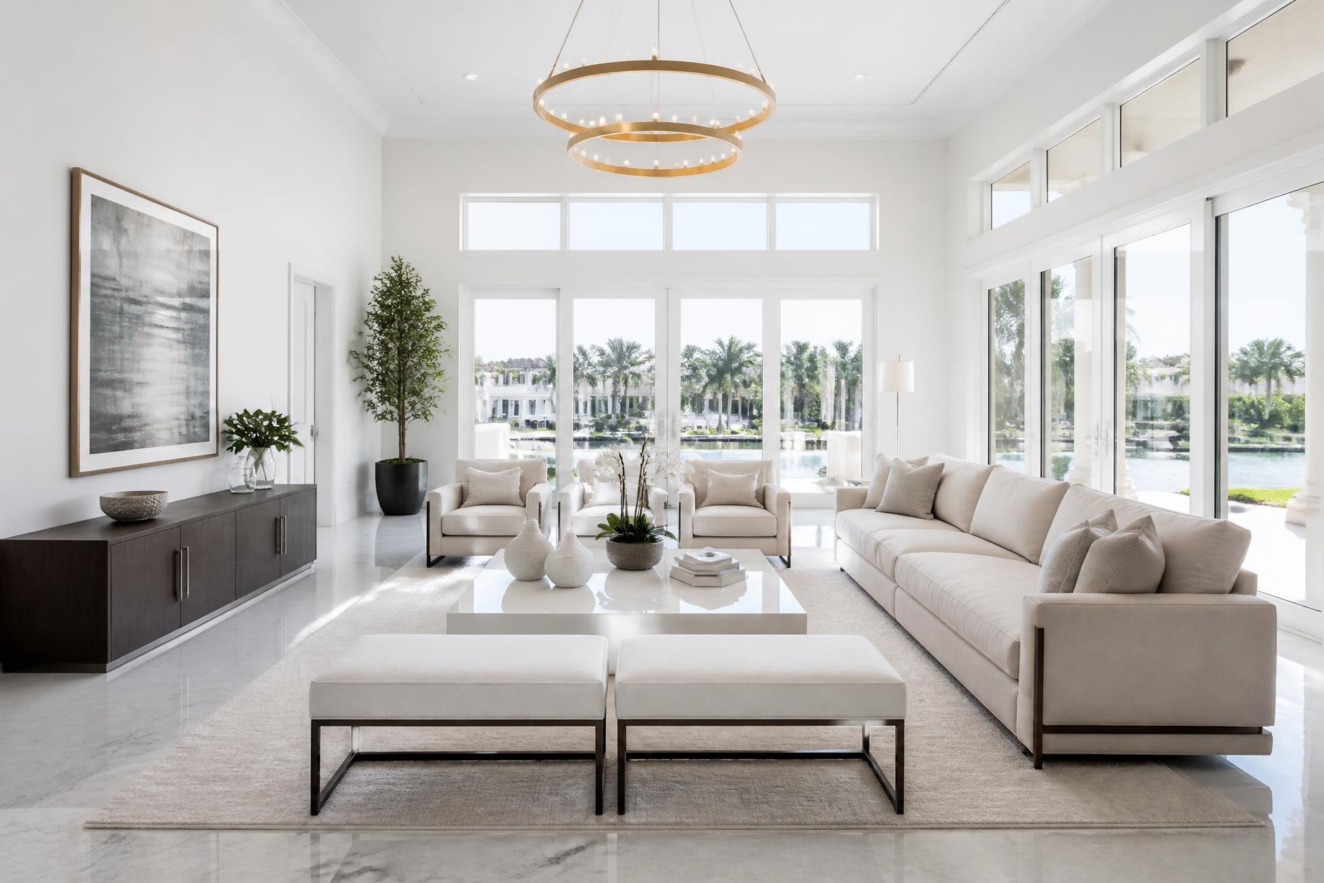 Immaculate luxury Florida living room with bright natural light