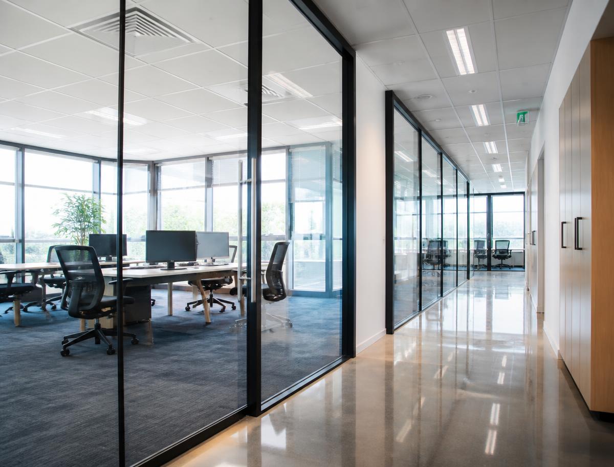 Clean modern office interior with glass partitions and polished floors